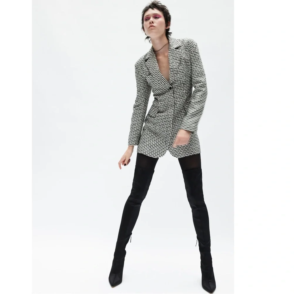 ZARA Tweed Houndstooth Lace Up Open Back Preppy Academia Blazer Mini Dress S - Picture 4 of 16